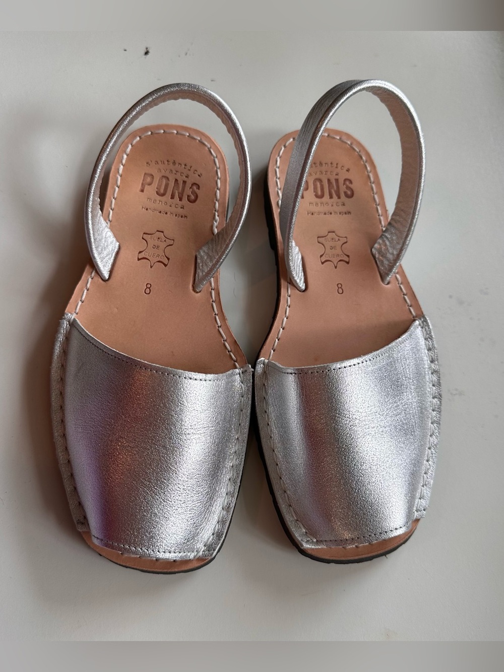 Pons Avarcas Silver Leather Sandals EUC size 8 EU 38 Made in Spain